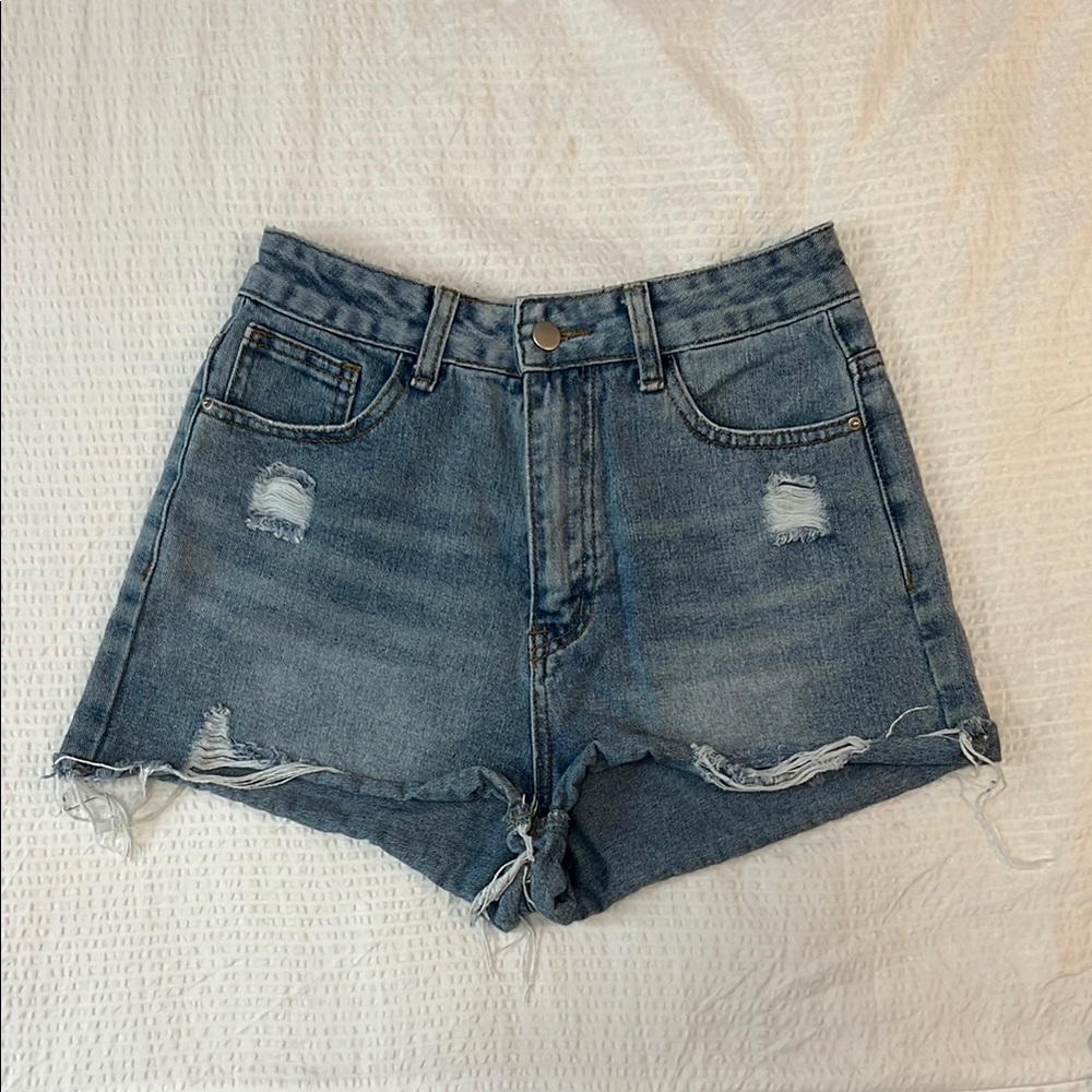 SHEIN Medium Blue Distressed High-Waisted Jean Shorts